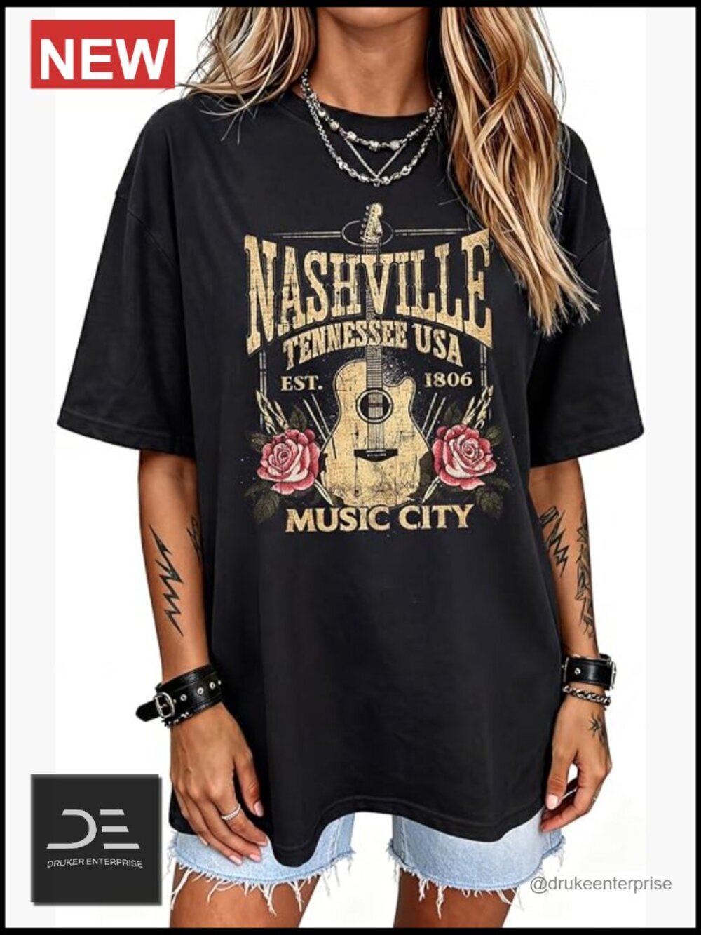 Oversized Nashville Music T-Shirt Western Country Rock Graphic Tee Vintage